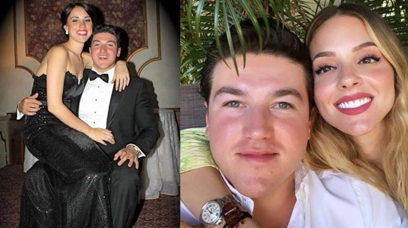 Gaby-elizondo-samuel-garcÍa-mariana-rodrÍguez-tÍa-paty › La Sierra Madre Split Image: Left Panel Shows a Woman in a Black Evening Gown Sitting on a Man in a Tuxedo at a Formal Event; Right Panel Shows a Couple Taking a Sunny Selfie, Smiling at the Camera. › La Sierra Madre