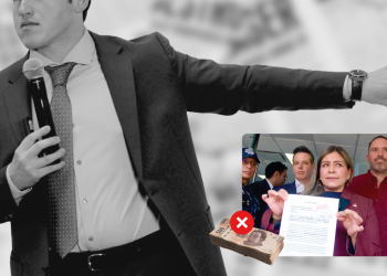 a Man in a Suit Speaks into a Microphone with One Arm Extended, While a Smaller Image Shows a Group Holding a Document and a Stack of Cash with a Red X to Indicate Bribery is Not Allowed. › La Sierra Madre