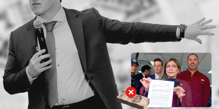 Denuncia-contra-samuel-garcia-por-1-4-mmdp › La Sierra Madre a Man in a Suit Speaks into a Microphone with One Arm Extended, While a Smaller Image Shows a Group Holding a Document and a Stack of Cash with a Red X to Indicate Bribery is Not Allowed. › La Sierra Madre