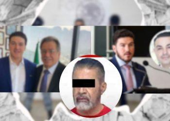 Central Circular Portrait of a Man with a Black Bar over His Eyes, Set in a Collage with Groups of Men in Suits on the Left and Right. › La Sierra Madre