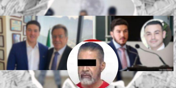 Detenido-por-huachicol › La Sierra Madre Central Circular Portrait of a Man with a Black Bar over His Eyes, Set in a Collage with Groups of Men in Suits on the Left and Right. › La Sierra Madre