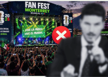 Crowd at Fan Fest Monterrey 2026 World Cup Stage; Bright Lights and Banners, with a Blurred Presenter and a Red X Overlay in the Foreground. › La Sierra Madre