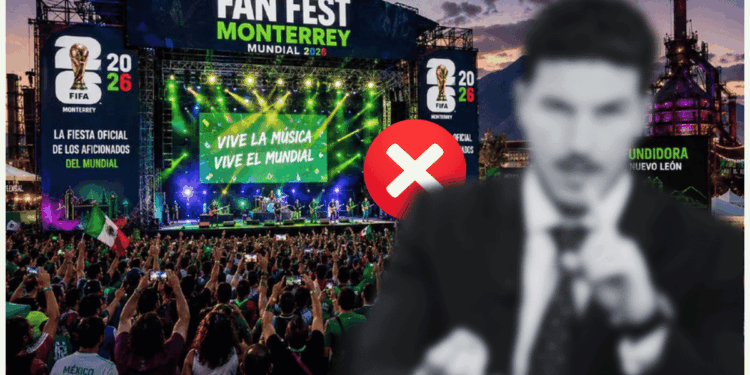 Crowd at Fan Fest Monterrey 2026 World Cup Stage; Bright Lights and Banners, with a Blurred Presenter and a Red X Overlay in the Foreground. › La Sierra Madre