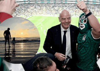 Montage: Crowd Celebration in a Soccer Stadium with a Smiling Man in a Suit and a Masked Supporter; Circular Inset Shows a Father and Child Walking Along a Sunset Beach. › La Sierra Madre