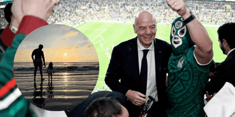 Vacaciones-de-samuel-garcia-y-mariana-rodriguez-en-la-playa › La Sierra Madre Montage: Crowd Celebration in a Soccer Stadium with a Smiling Man in a Suit and a Masked Supporter; Circular Inset Shows a Father and Child Walking Along a Sunset Beach. › La Sierra Madre