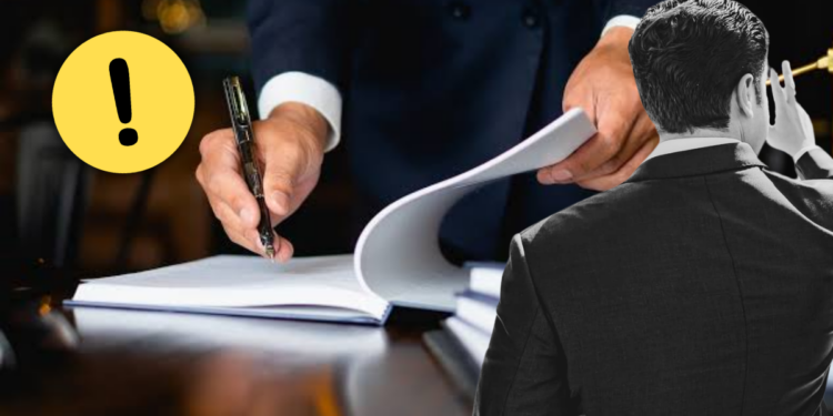 Two Businesspeople: One Signer Writes on a Document As the Other Person Speaks on a Phone; a Bright Yellow Exclamation Badge Indicates a Warning. › La Sierra Madre