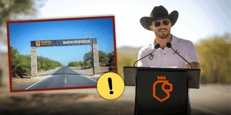 Speaker at a Podium with an Orange Emblem; to His Left a Framed Road Entrance That Reads 'bienvenidos' and 'nueva Presa LeÓn' with a Yellow Exclamation Badge Nearby. › La Sierra Madre