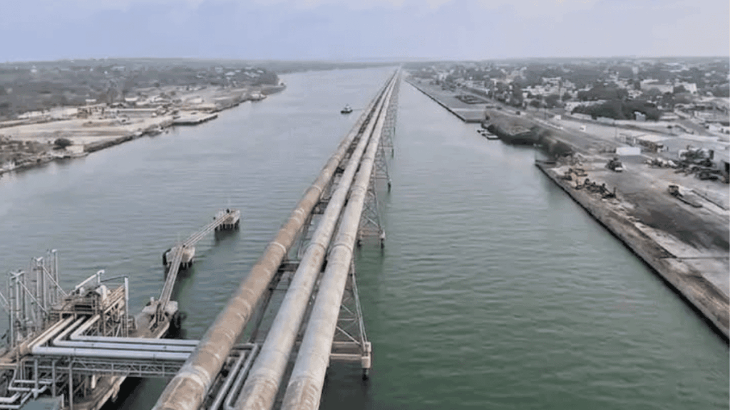 Long Industrial Pipelines Run Along a Bridge Spanning a Wide River, with an Urban/port Area on Both Shores. › La Sierra Madre